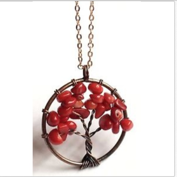 Red Coral Gemstone Chip Tree of Life Necklace 20" Celtic Rose Gold Copper Plated - Picture 3 of 8